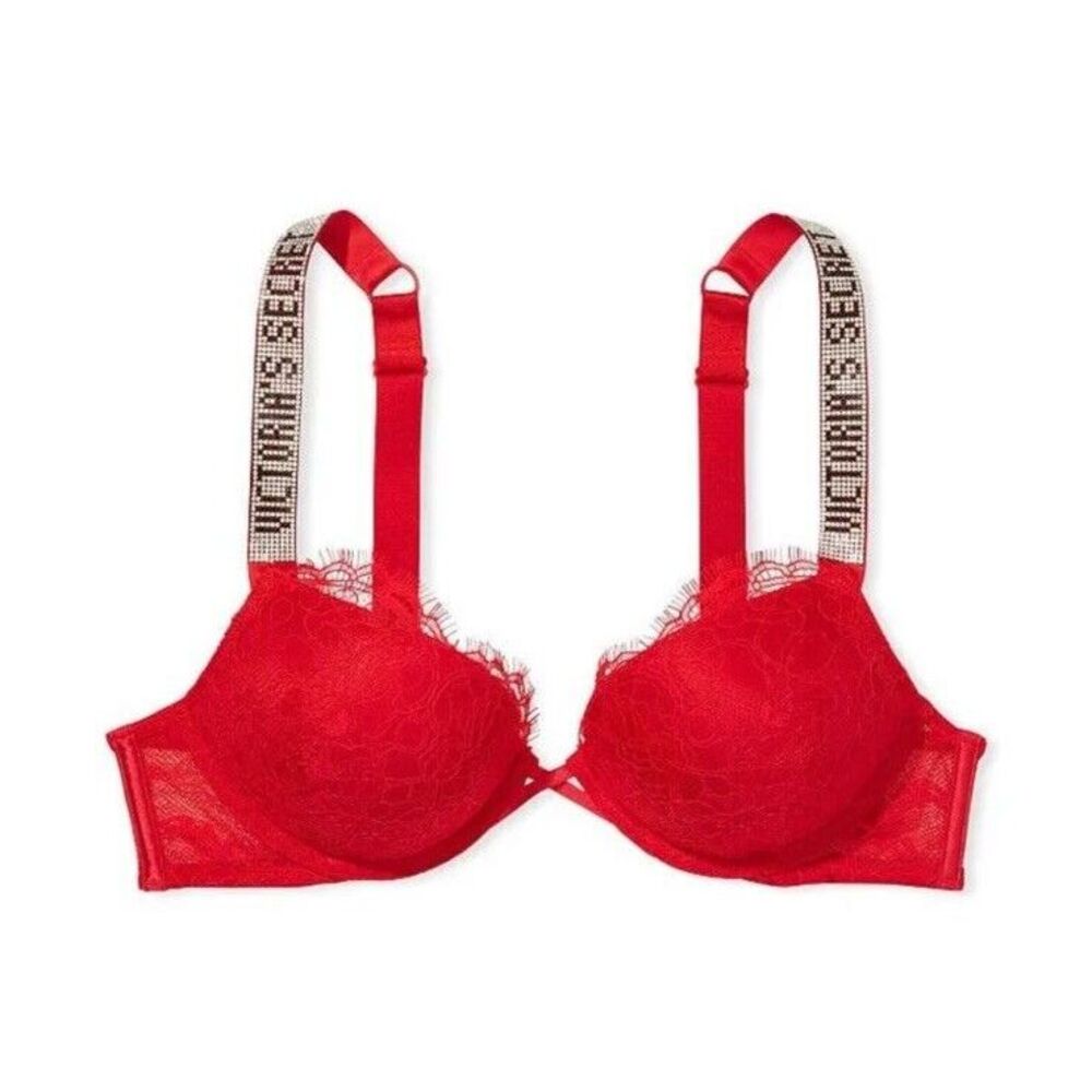 Victoria's Secret Bombshell Add-2-Cups Push-up Bra Red Lace Shine Strap 38C NWT